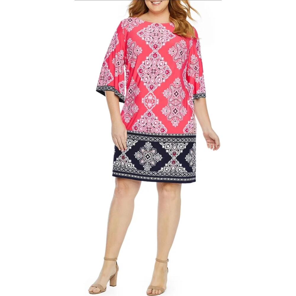Sandra Darren Dress 24W Pink Artsy Floral Stretchy Kimono Sleeve Shift Textured